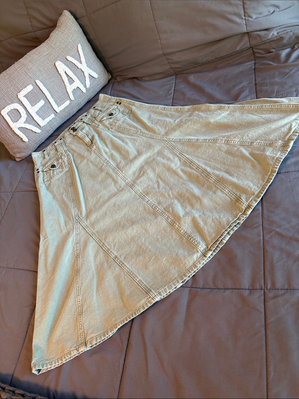 Classic A-Line Denim Skirt in Light Olive Green Ghanda S 4 Cargo Utility Army
